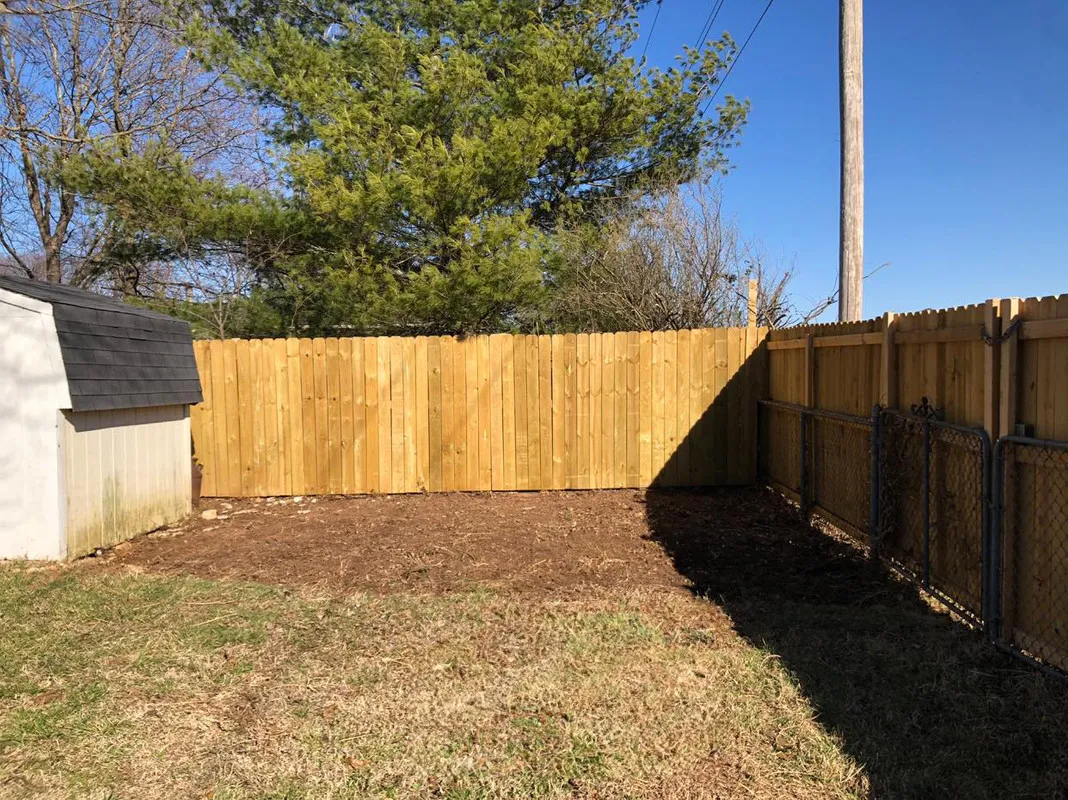 A wooden privacy fence enclosing a backyard